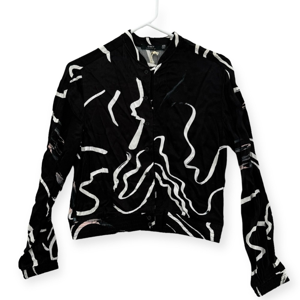 Obey Jude Bomber Jacket Womens XXS Black White Elastic Waist Button Up Top NEW
